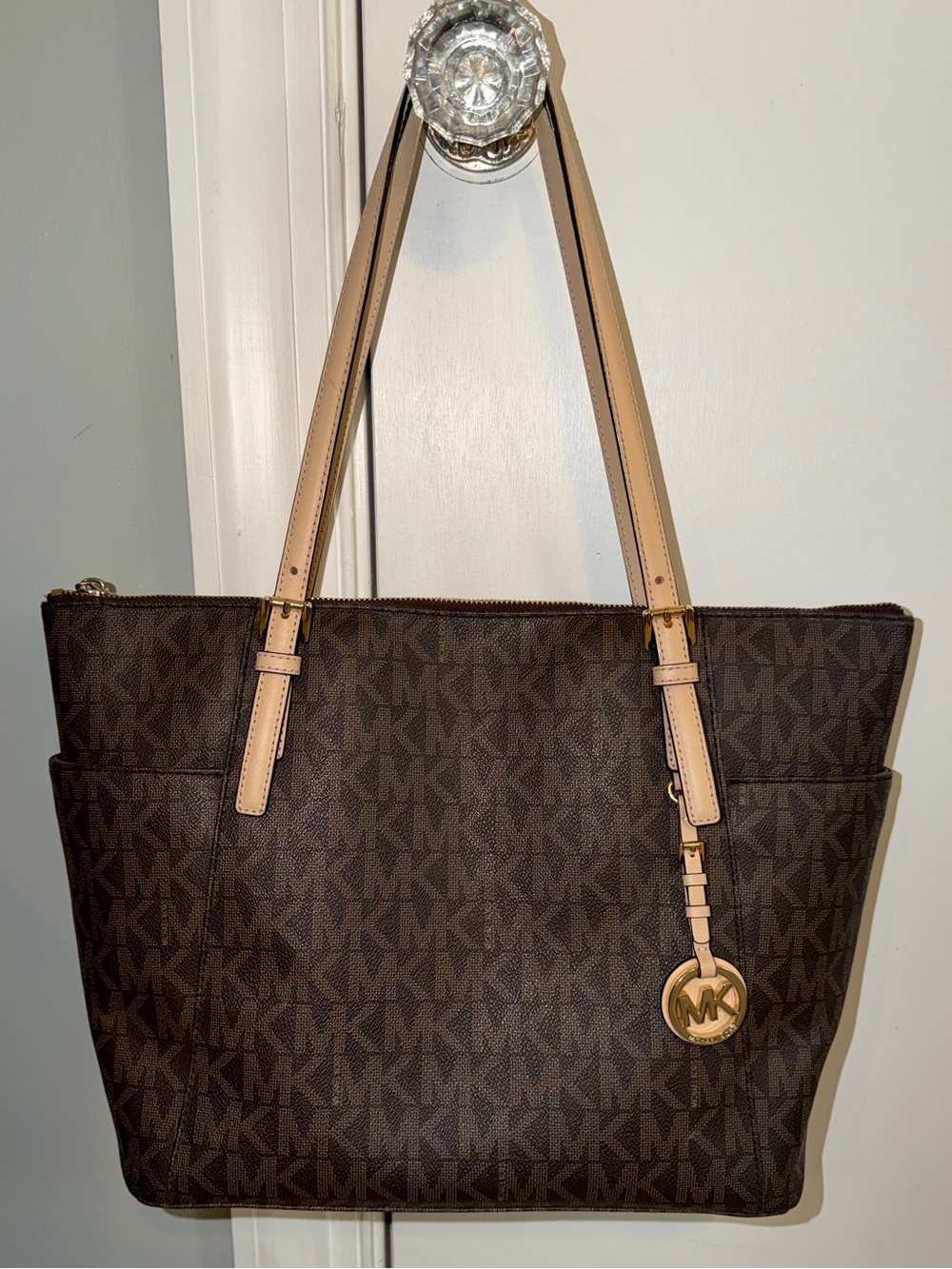 Michael Kors Jet Set East West Top Zip Tote in brown signature PVC monogram